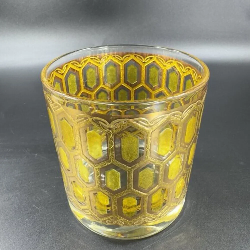 West Virginia Glass Madrid Gold Embossed Hexagon Old Fashioned Glasses Cup Set 2